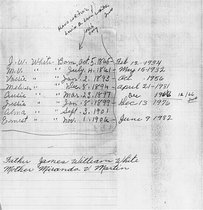 Jim White's family record by Lovia White
