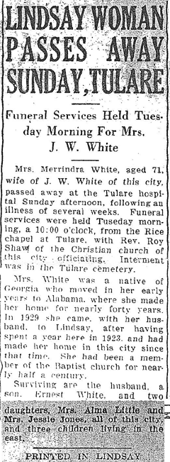 miranda white obit lindsay gazette 20 May 1932