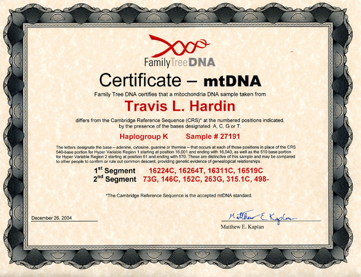 mtDNA Certificate for Travis Hardin