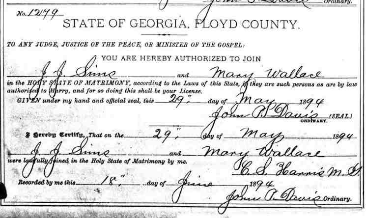 1894 Mary Wallace married J.J. Sims