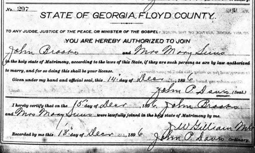 Floyd County marriage license of John Brooks and Mary Sims