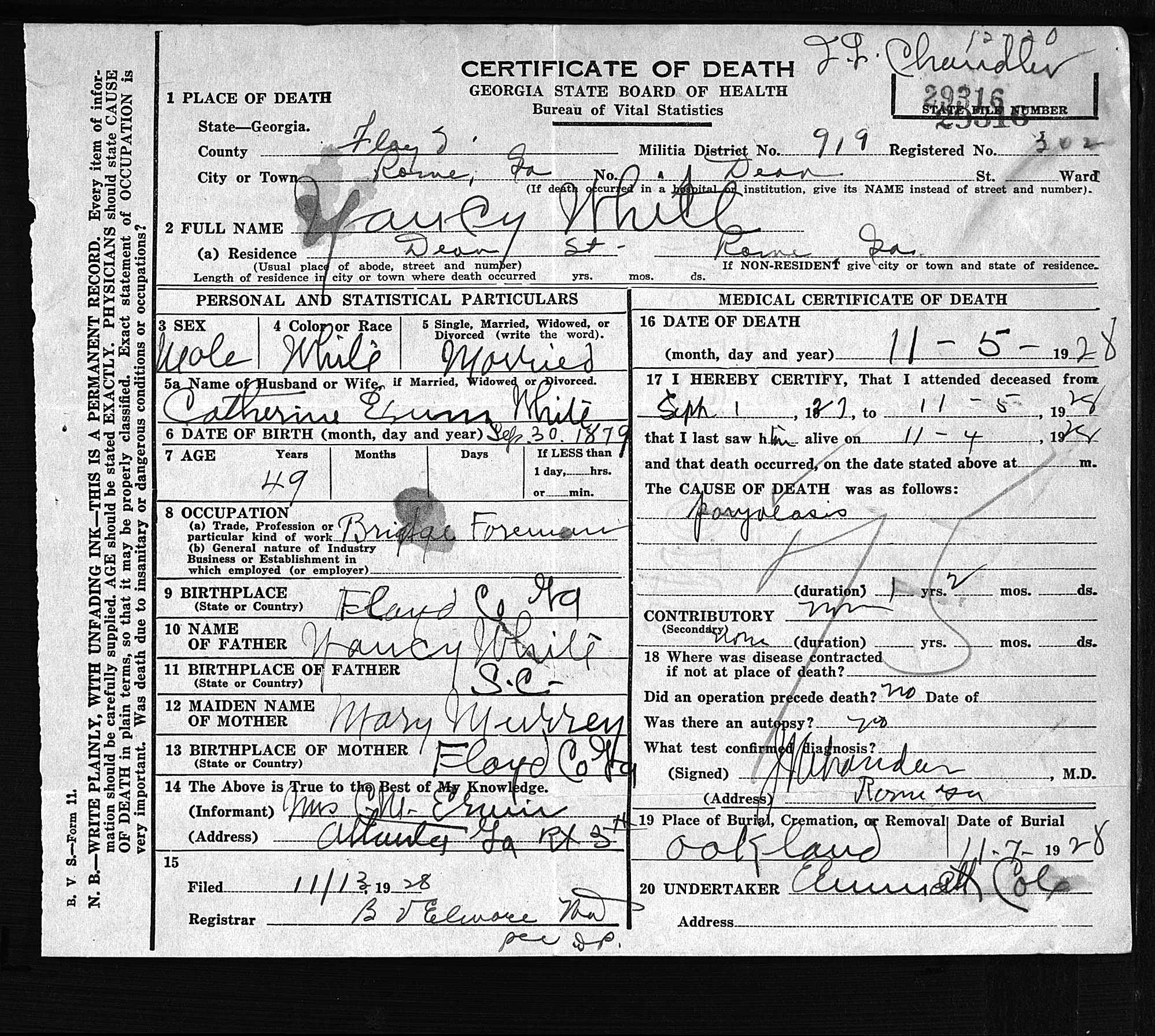 Yancey White Jr. death certificate 1928