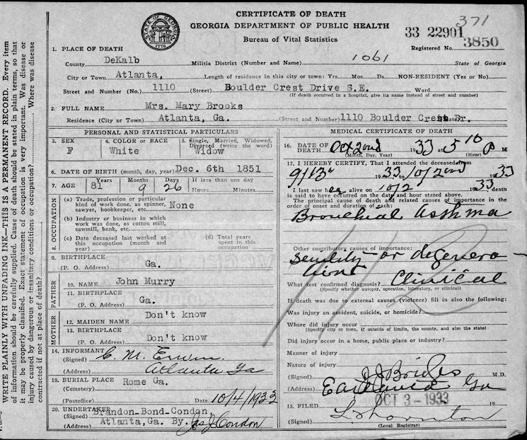 Mary Murray White death certificate