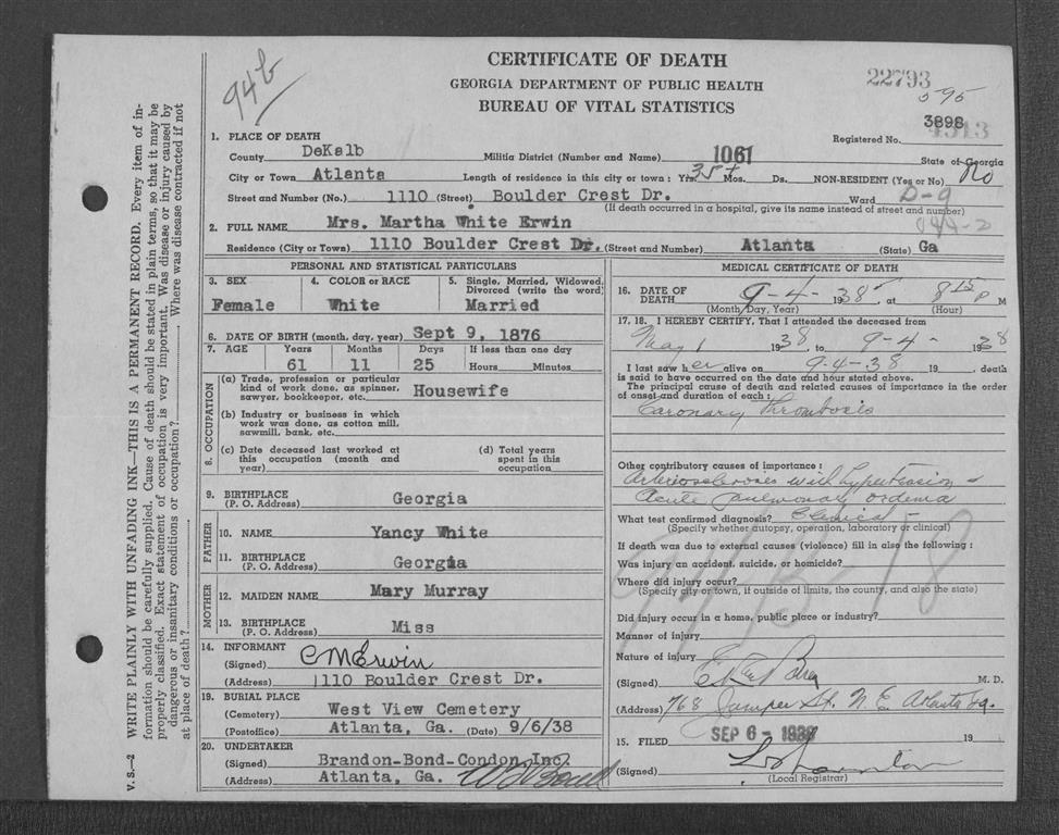 Martha Mattie White death certificate 1938