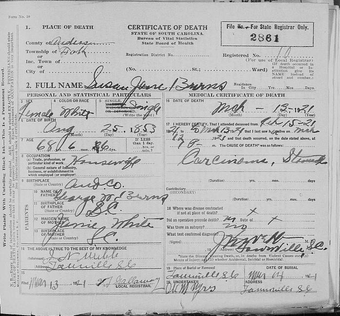 1921 death certificate of Susan Jane Burns