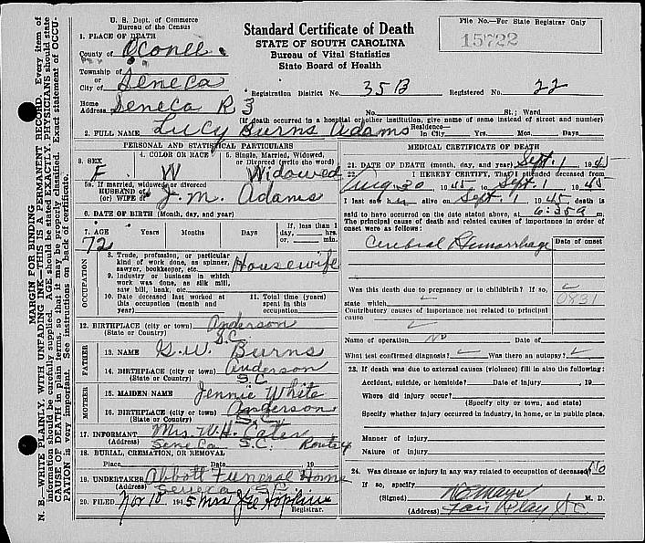 Lucy Burns Adams death certificate 1945